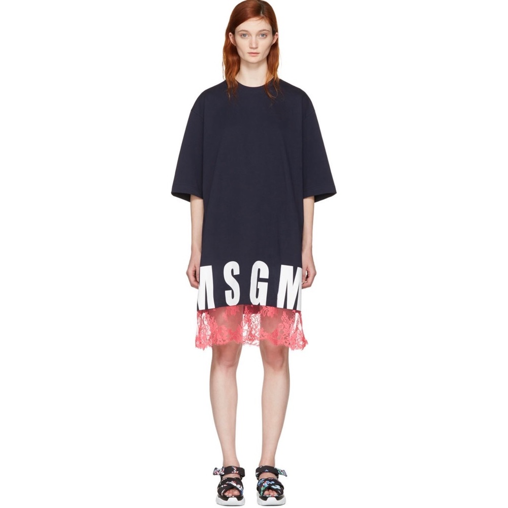 MSGM Navy Lace Hem Logo T-Shirt Dress XS